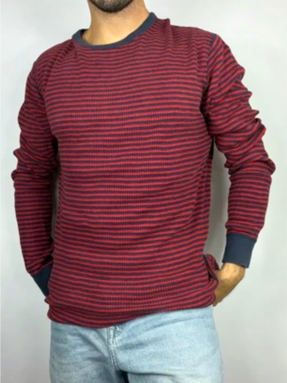 Vintage Polo Ralph Lauren Thermal Shirt XL Red Navy Striped 100% Cotton